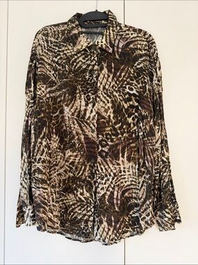 Women's Button-Down Animal Print Shirt with matching pants  - Brown Multi